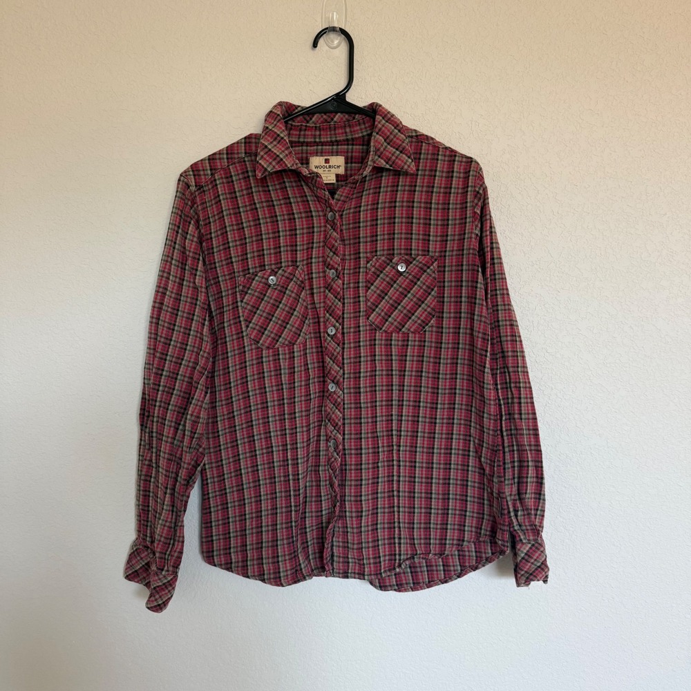 Woolrich Womens Red Plaid Flannel Button Down Shirt Cotton Small Outdoor Tactile